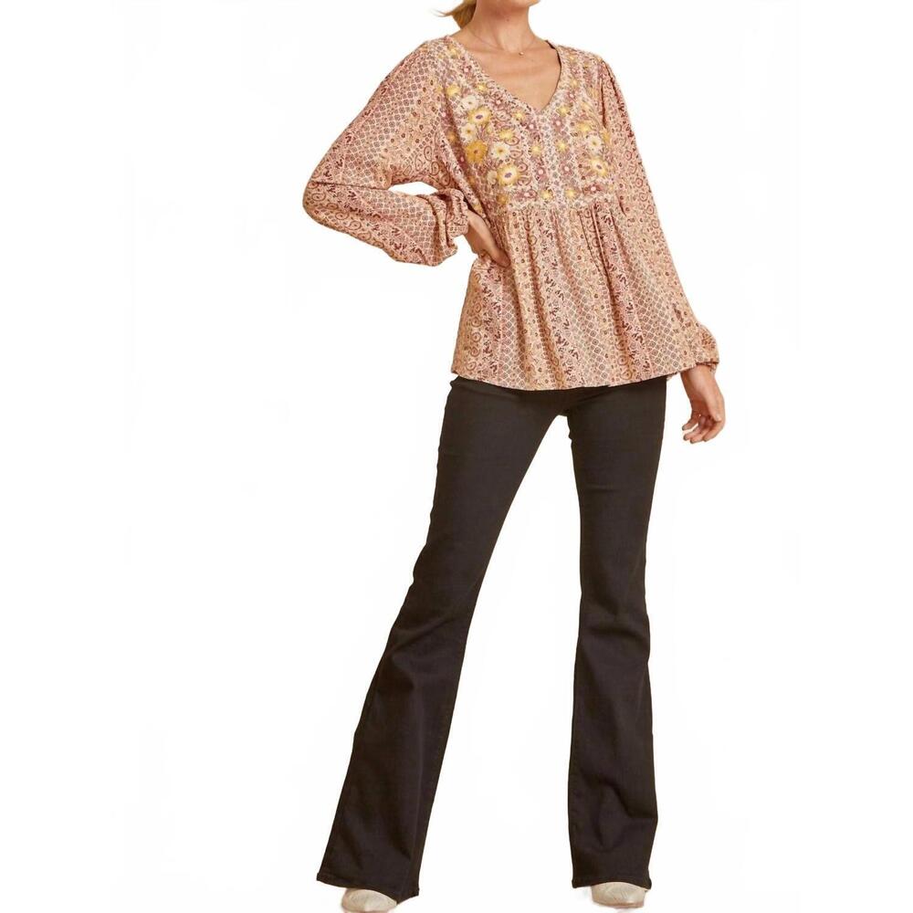 NEW ANDREE BY UNIT shimmery floral paisley embroidered top in mauve multi
